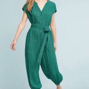 Anthropologie Maeve Geoscope Green Blue Floral Jumpsuit Size L